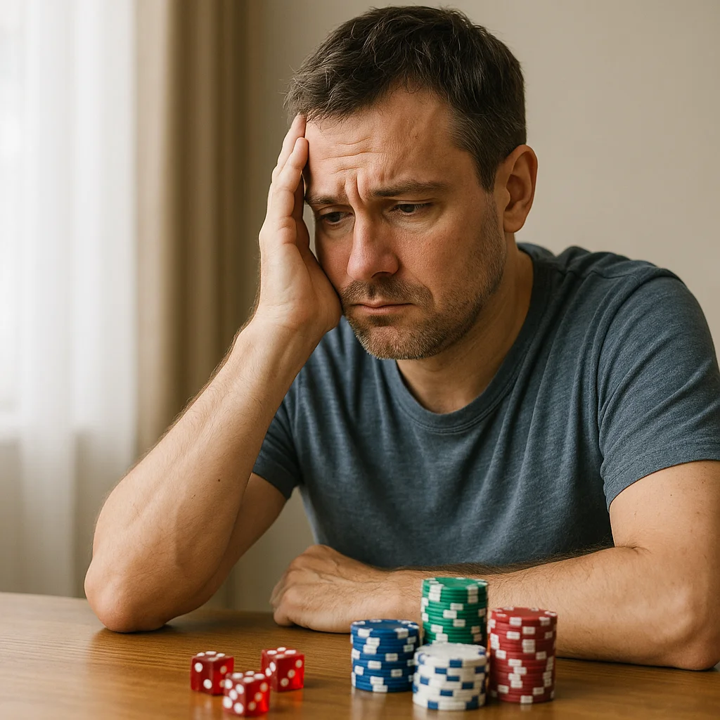 A middle-aged man in a blue t-shirt rests his head on his hand with a worried expression while looking down at stacks of blue, green, and red poker chips and red dice on a wooden table.