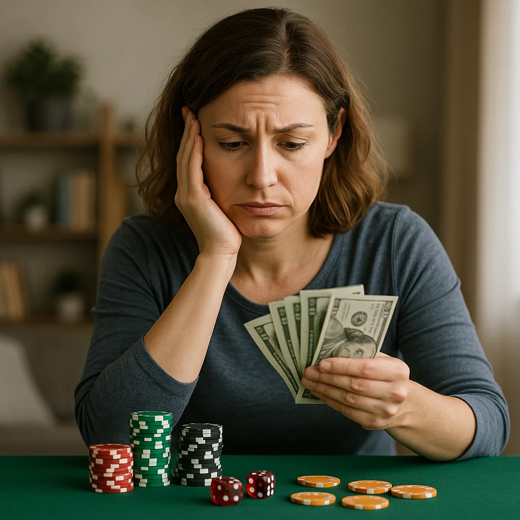 A worried middle-aged woman rests her head on her hand while holding several US banknotes, looking down at stacks of red, green, and black poker chips alongside red dice and orange chips on a green felt surface.