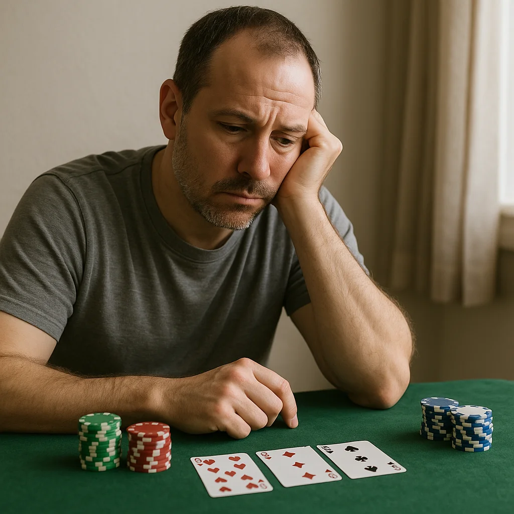 A middle-aged man in a gray t-shirt rests his head on his hand with a troubled expression while looking down at three playing cards and small stacks of green, red, and blue casino chips on a green felt table.