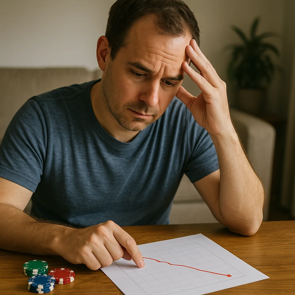 A worried man in a blue t-shirt sits at a wooden table, hand pressed to his forehead, pointing at a paper showing a declining red line graph, with a small stack of green, red, and blue poker chips beside it.