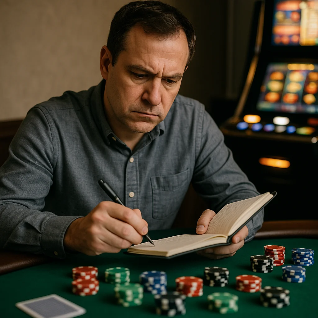 A middle-aged man in a grey shirt writes intently in a small notebook while seated at a green felt poker table covered with stacks of red, blue, green, and black chips, with a glowing slot machine in the background.