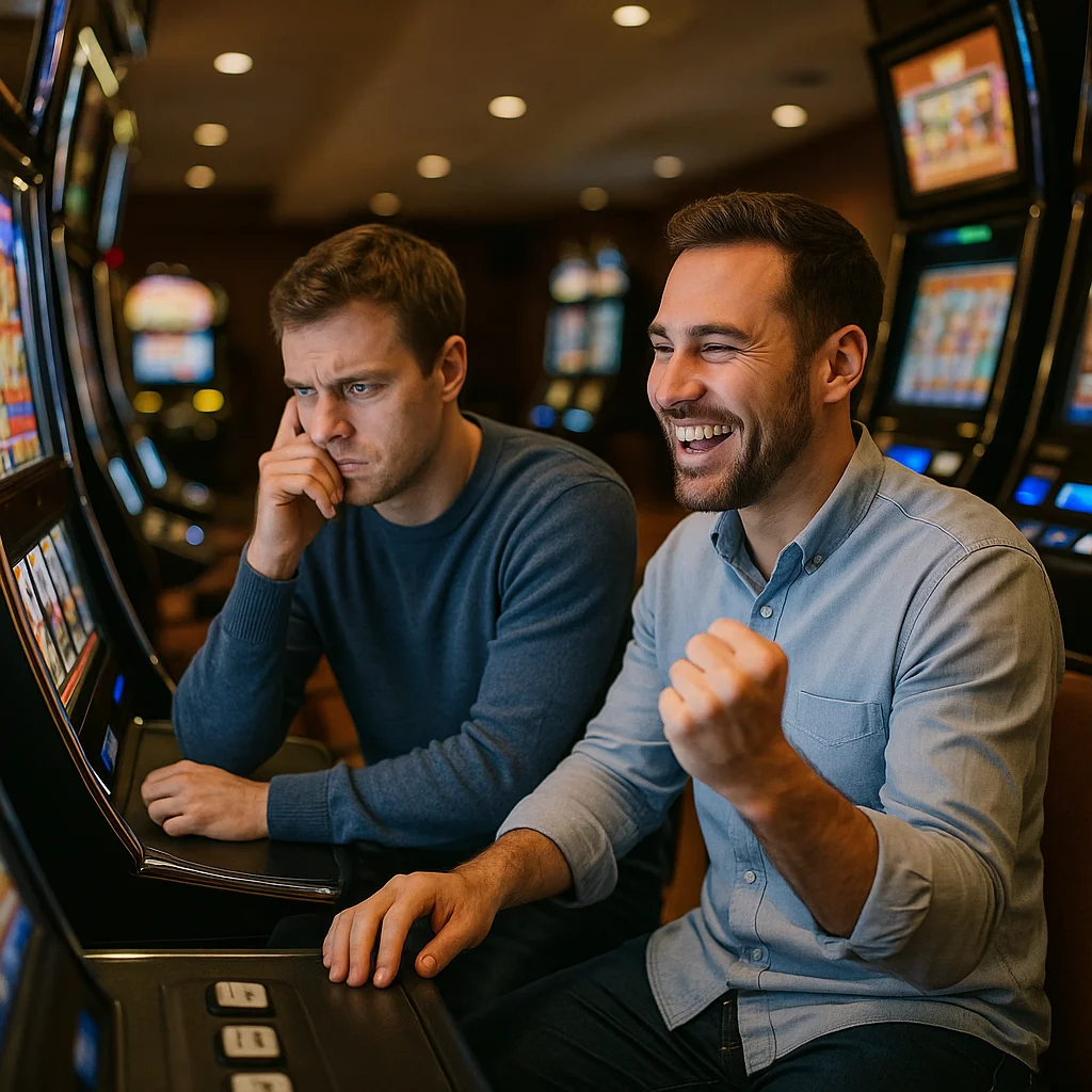 Two men sit side by side at casino slot machines, one smiling triumphantly with a raised fist and the other resting his chin on his hand with a frustrated, dejected expression.